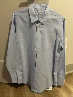 Zara Men's Pale Blue Long-Sleeve Dress Shirt